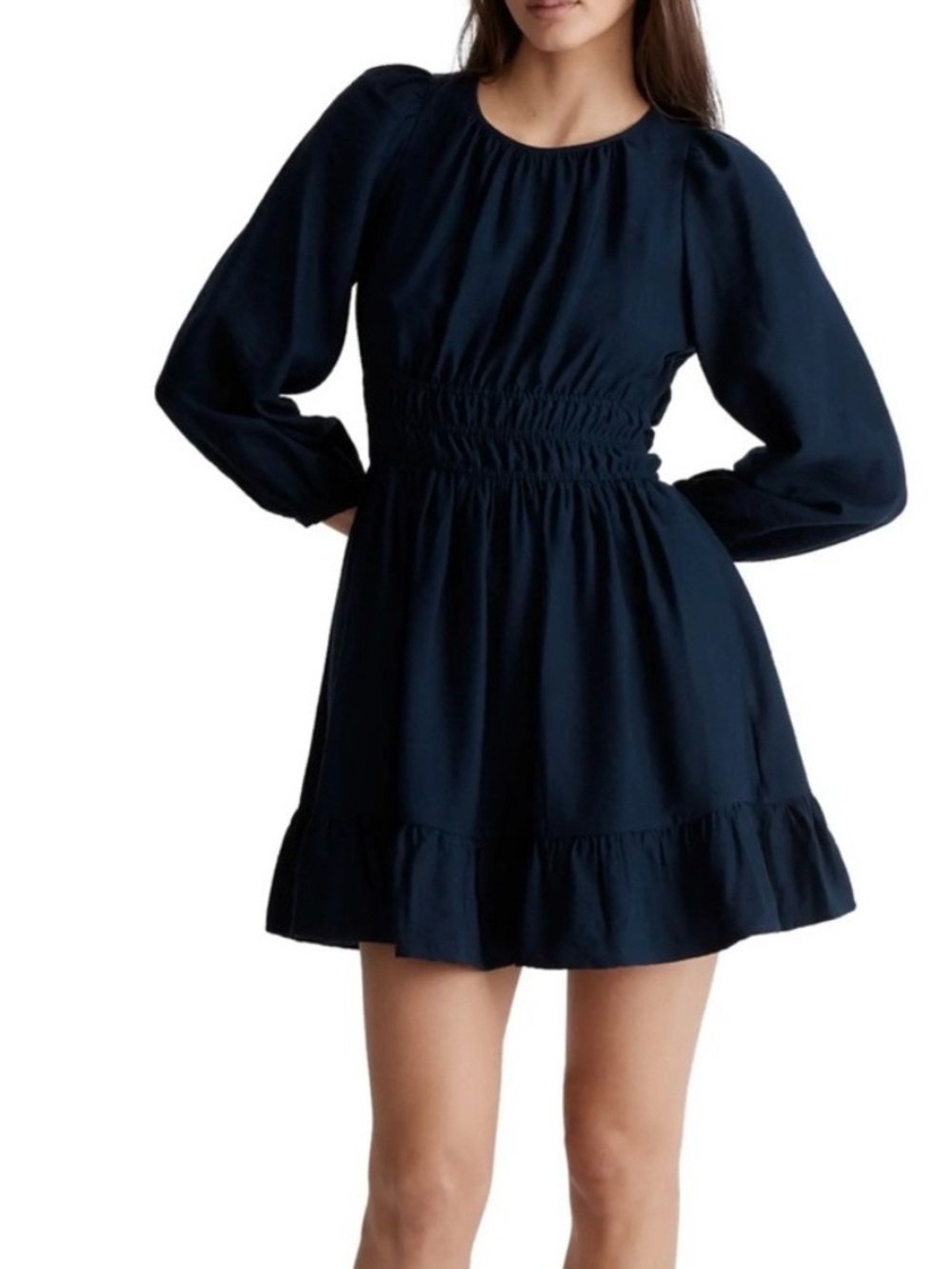 Madewell Mini Dress Dark Blue Open Back Cinched Waist 3 Quarter Sleeves Medium